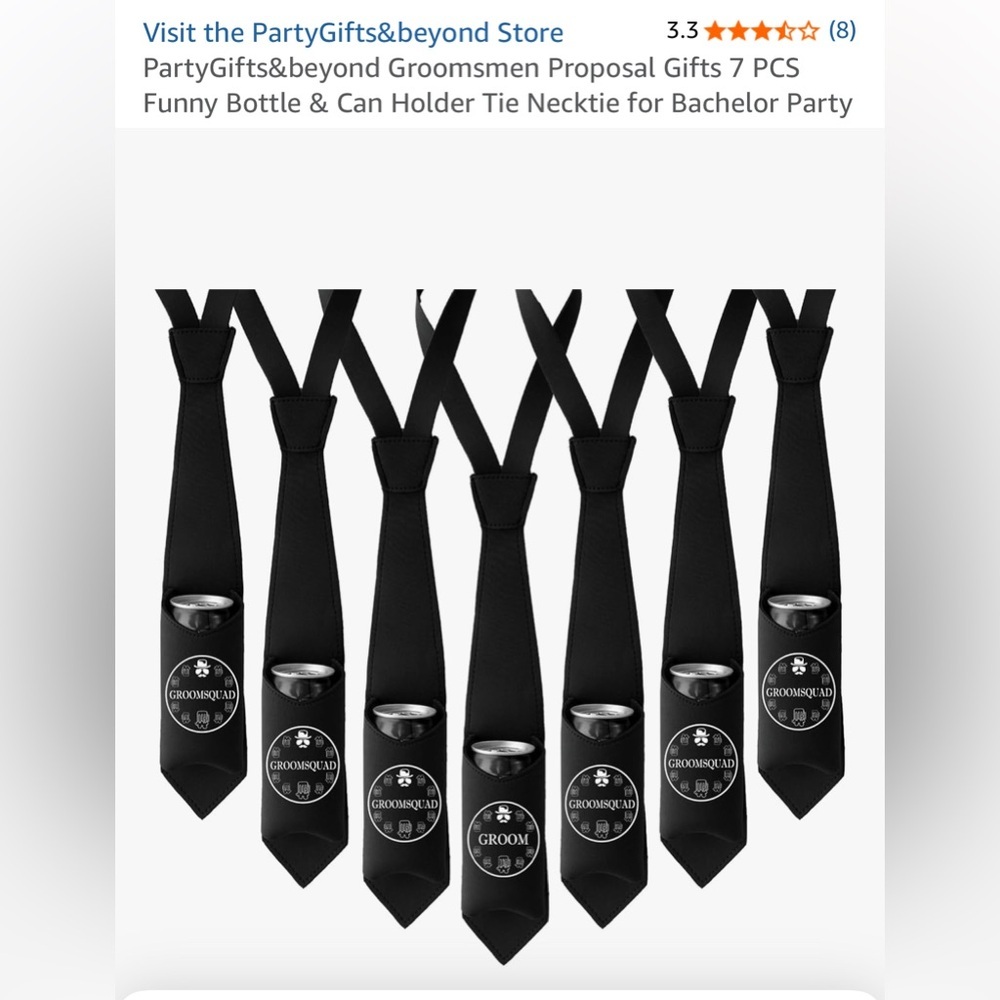 NEW- wedding party
Wedding party-Necktie Bottle Holders 
1‎ Groom. 6 Groomsmen